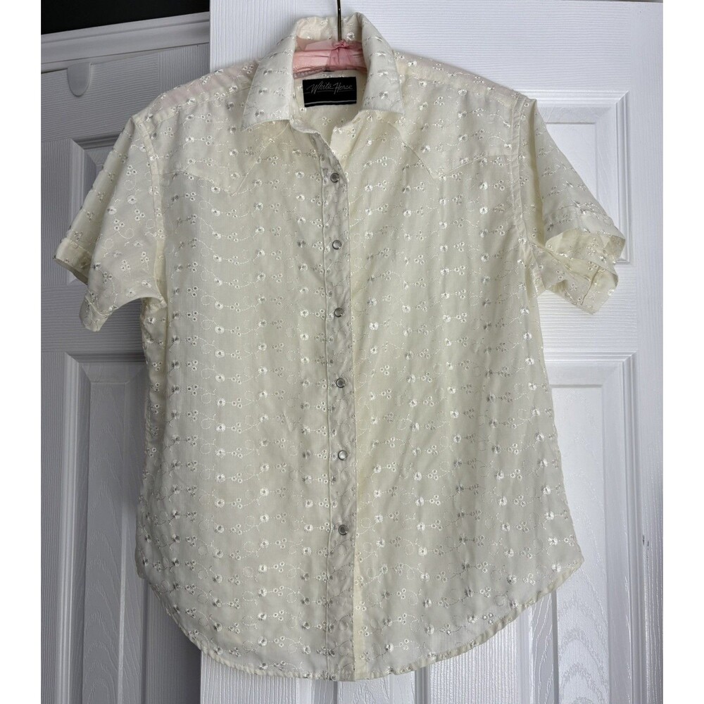 VTG White Horse Western Pearl Snap Cream Eyelet  Shirt Women Size M Cowgirl Farm